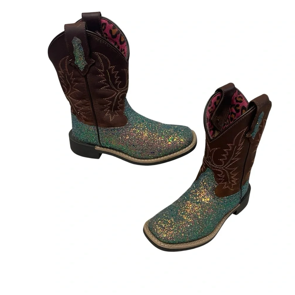 Shyanne Glitter Blue Teal Brown Square Toe Western Cowgirl Boots Girls Size 12
